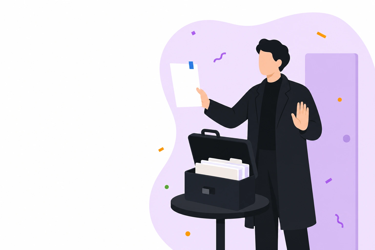 Человек рядом с открытым портфелем спокойно поднимает ладонь и внимательно рассматривает бумагу.