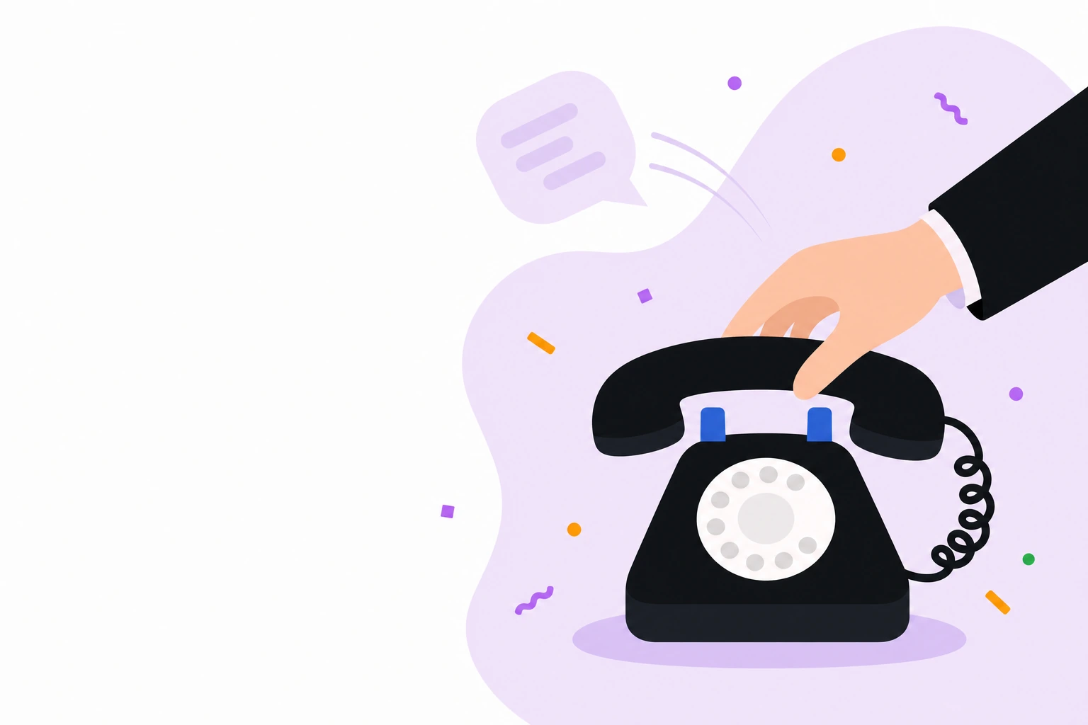 Qoʻl telefon trubkasini joyiga qoʻyib, suhbatni tugatmoqda, orqada boʻsh nutq pufagi uchib ketmoqda.