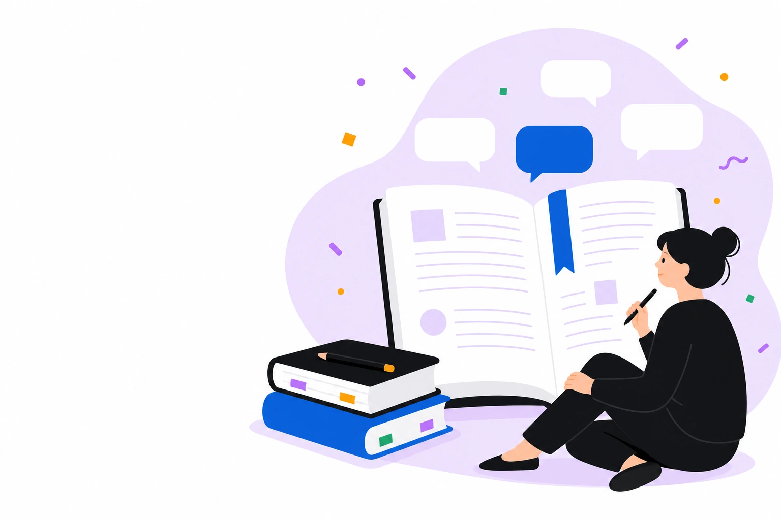 Раскрытая книга с закладкой, над ней пустые облачка речи, рядом стопка книг.