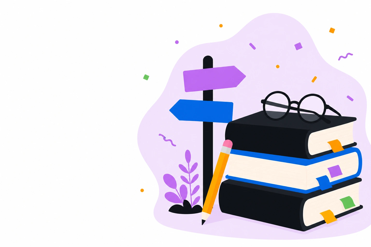 Стопка толстых книг с цветными закладками, сверху лежат очки, рядом пустой указатель.