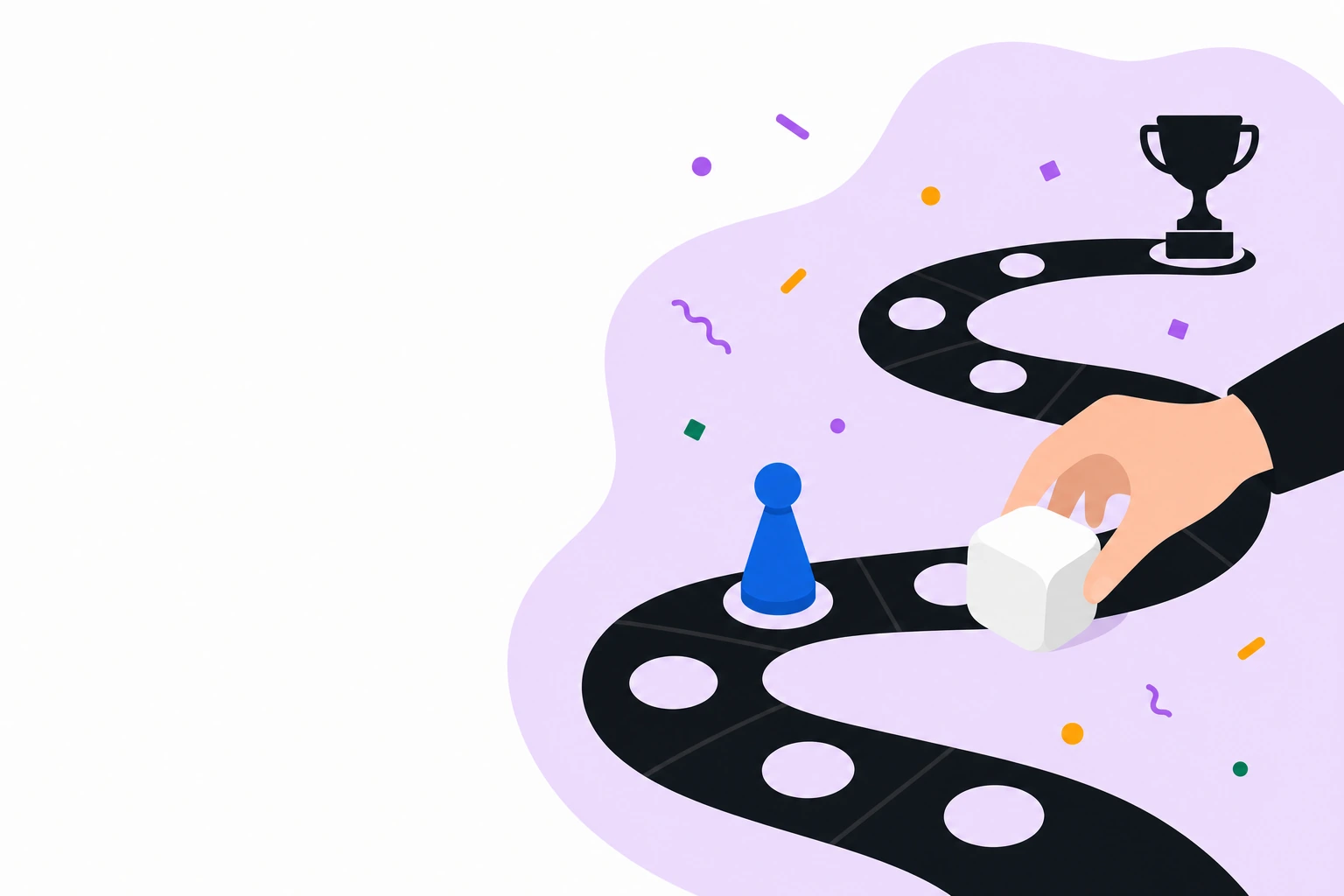 Настольная игра с извилистой дорожкой, синей фишкой посередине и игральной костью рядом.
