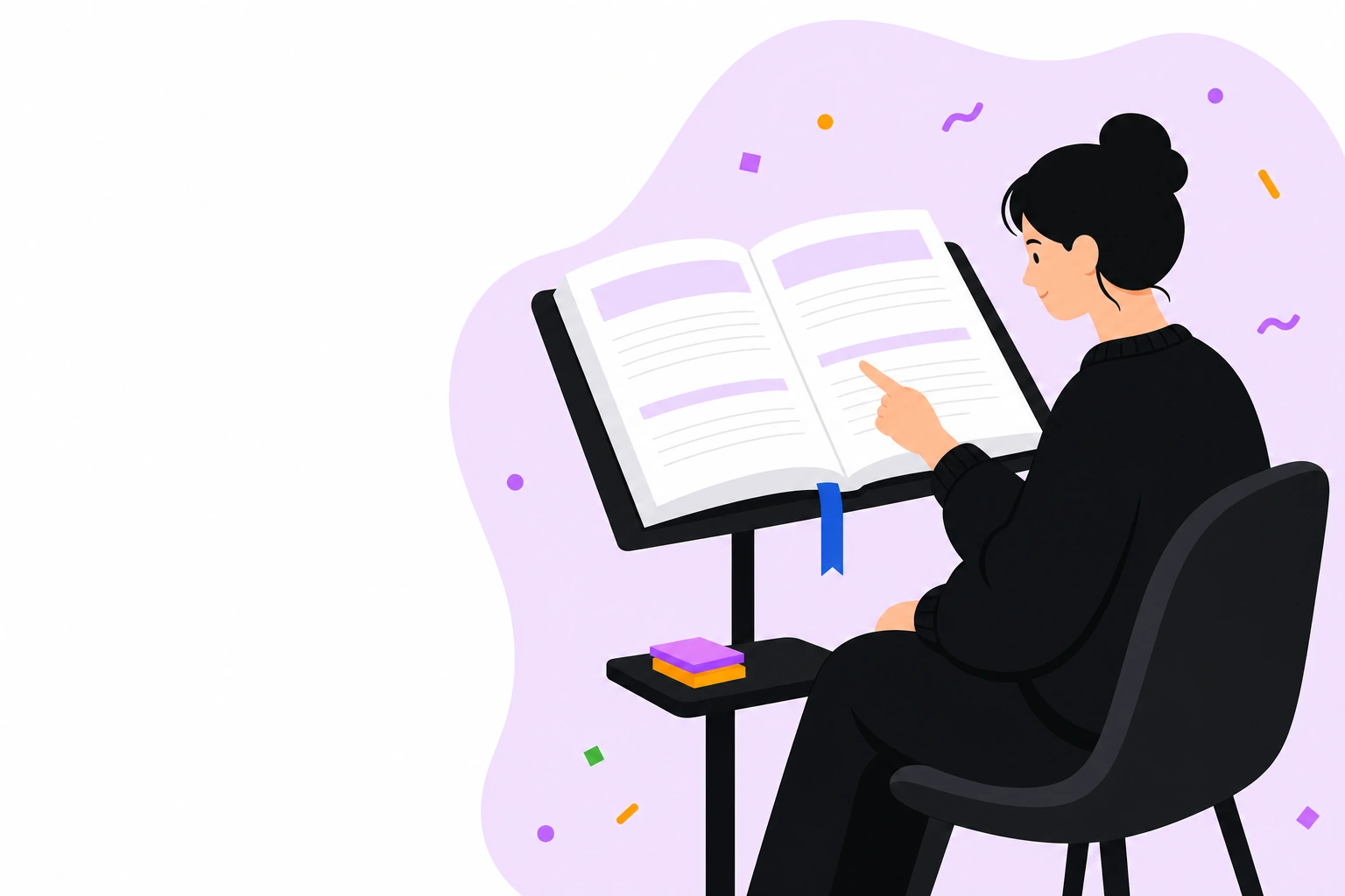 На подставке лежит открытая книжка с разделами, человек ведёт пальцем по одному из них.